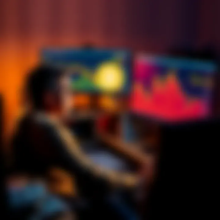 A person looking at a computer screen displaying Bitcoin's price chart, with a worried expression. Graphs show price fluctuations over time. Dollar bills scattered around the desk.