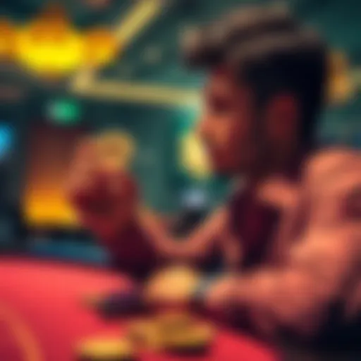 A person holds a Bitcoin while looking thoughtfully at a casino table, comparing investments to gambling.