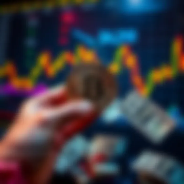 A person holding a Bitcoin coin with a background showing fluctuating market graphs and dollar bills, symbolizing investment potential.