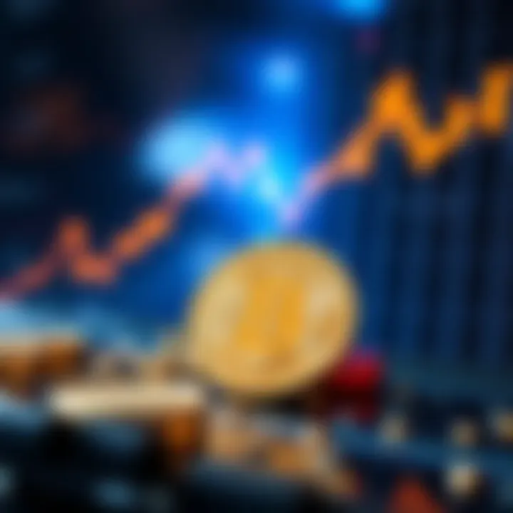 A graphic showing Bitcoin cryptocurrency with upward trending graphs in the background, symbolizing a good time to invest.