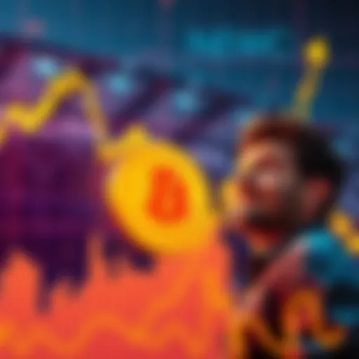 A graph showing rising Bitcoin prices with a person considering an investment, looking hopeful and excited.