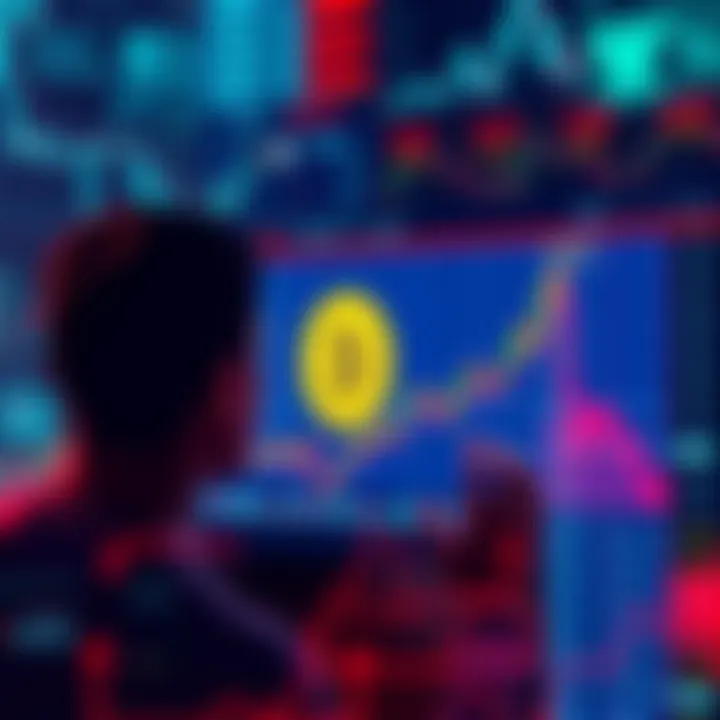 A person looking at a chart showing Bitcoin price growth, contemplating investment amidst a backdrop of financial news and market trends.