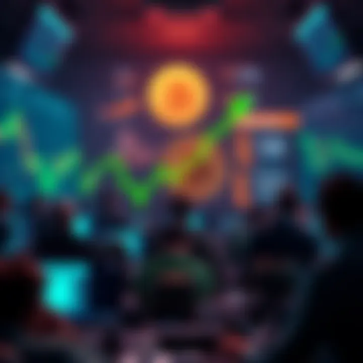 Bitcoin investment opportunity A graph showing Bitcoin's price drop with a green arrow indicating a potential buying opportunity, surrounded by worried investors looking at screens.