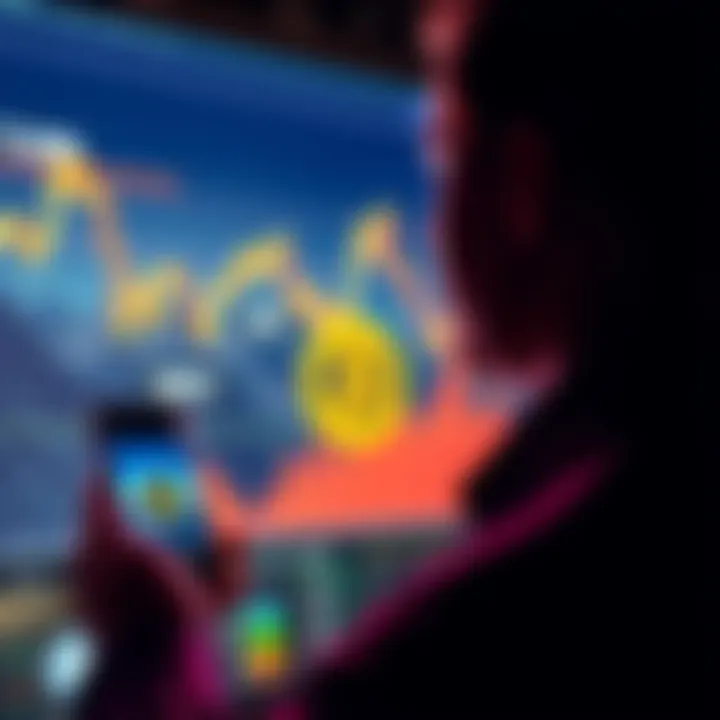 Bitcoin Investment Reflection A person looking at a Bitcoin chart showing past peaks and valleys while holding a smartphone and contemplating their investment decision.