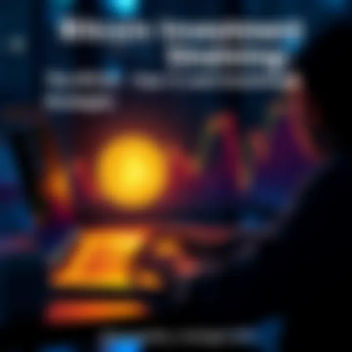 A visual representation of Bitcoin investments with a graph showing price fluctuations and a person analyzing data on a laptop.