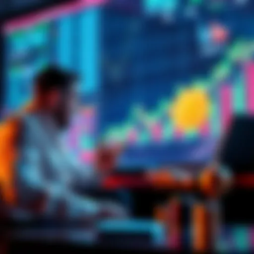 A group of investors discussing Bitcoin and cryptocurrency trends with charts and graphs in the background