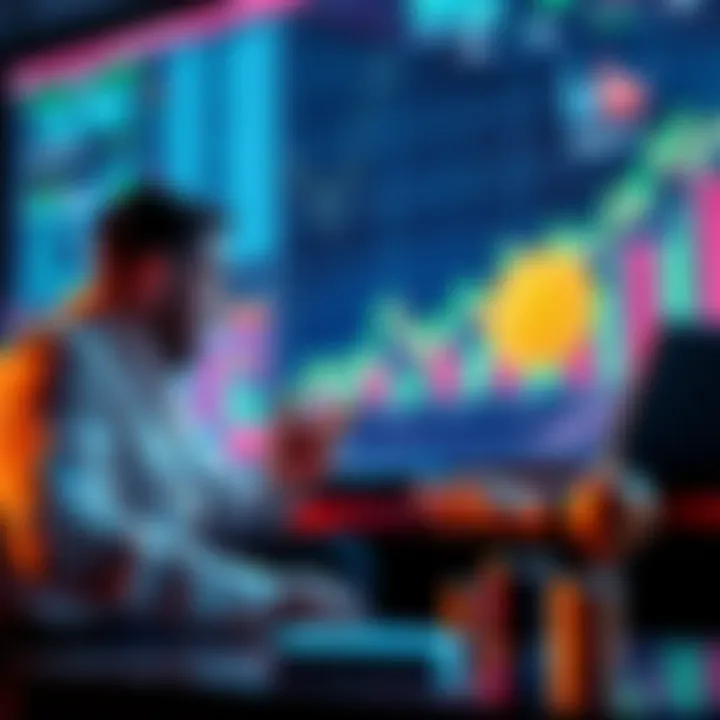 A group of investors discussing Bitcoin and cryptocurrency trends with charts and graphs in the background