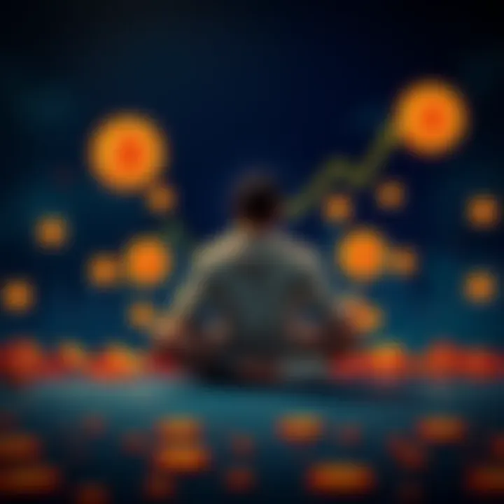 A person sitting calmly with graphs and Bitcoin symbols around them, representing patience in investing.