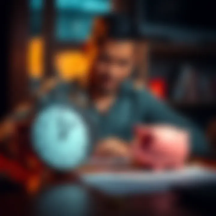 A person analyzing Bitcoin investment options with a clock and a piggy bank on the table, symbolizing different holding periods.