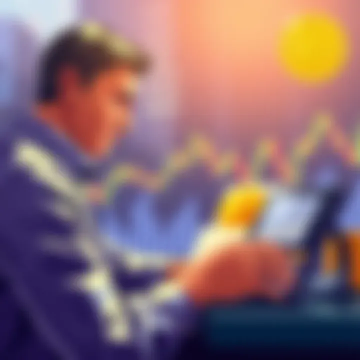 Bitcoin Investment Strategies An illustration showing a person calculating Bitcoin investments with charts and graphs in the background, symbolizing long-term strategies and patience.