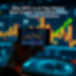 A person holding a smartphone displaying a Bitcoin chart with green upward trend signs, contemplating investment decisions.