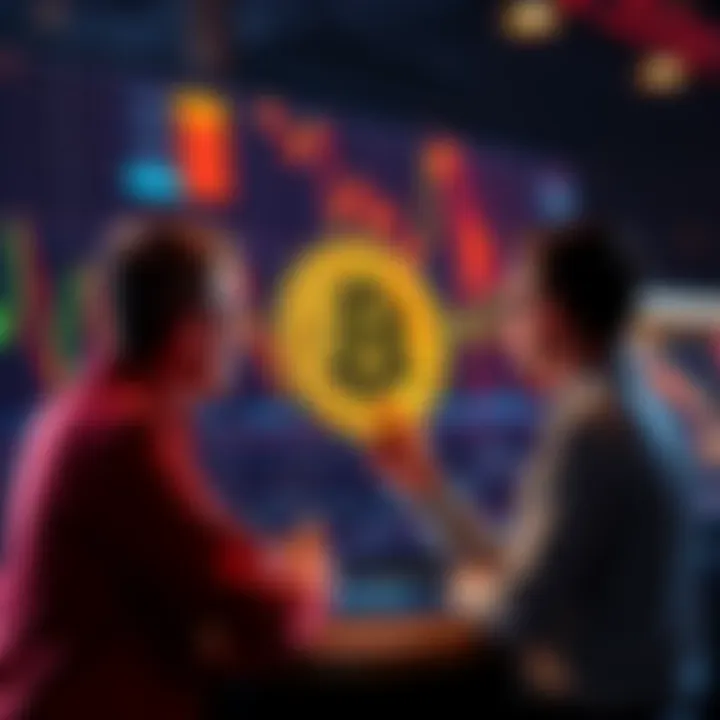 Bitcoin Investment Trends People analyzing Bitcoin trends on a digital screen with fluctuating graphs in the background