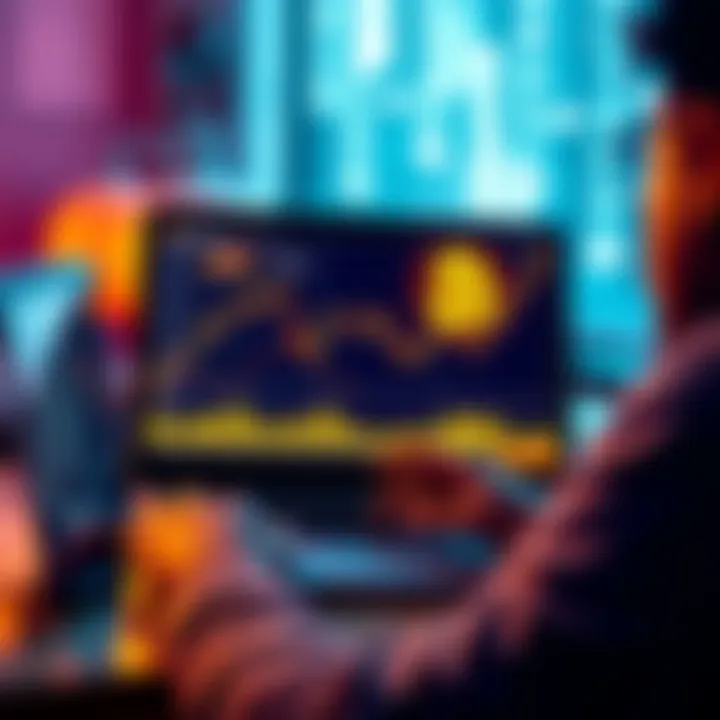 A person looking at a laptop screen displaying a Bitcoin chart with rising values, conveying excitement for investment