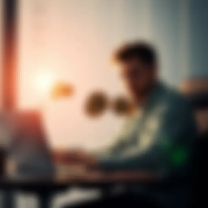 Bitcoin Investor Holding Coins A person calmly holding multiple bitcoin coins while sitting at a desk with a laptop, symbolizing the importance of holding investments during market fluctuations.