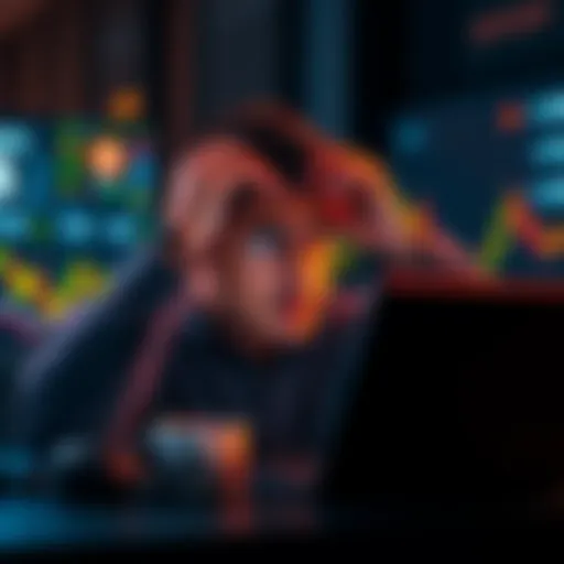 A worried individual looking at Bitcoin charts on a laptop, showing a declining market. The person appears stressed about their investment losses.