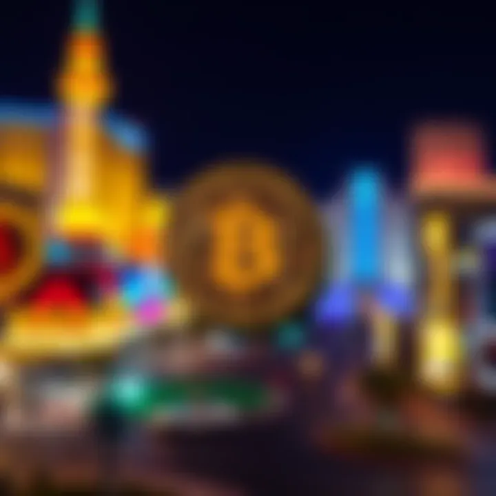 A vibrant Las Vegas skyline with a Bitcoin symbol in the foreground, representing the intersection of finance and cryptocurrency.