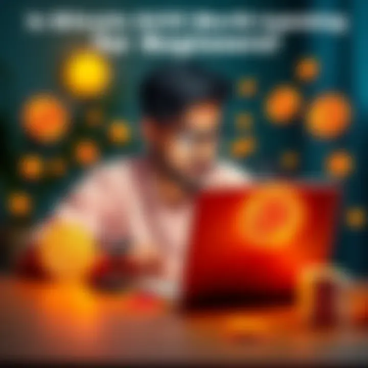 A person studying Bitcoin fundamentals with a laptop and digital currency icons around.