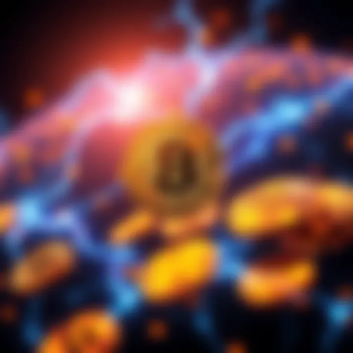 A visual representation of Bitcoin and the Lightning Network interacting for global trade, showing digital coins and transaction flows in a network.