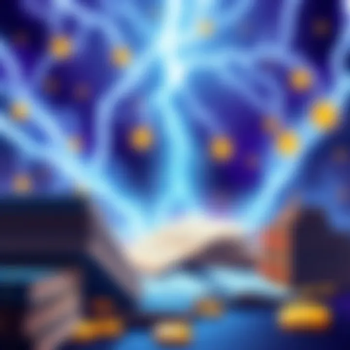 Illustration of Bitcoin's Lightning network in action, processing book preorders as digital transactions flow in a vibrant setting with books and crypto symbols.