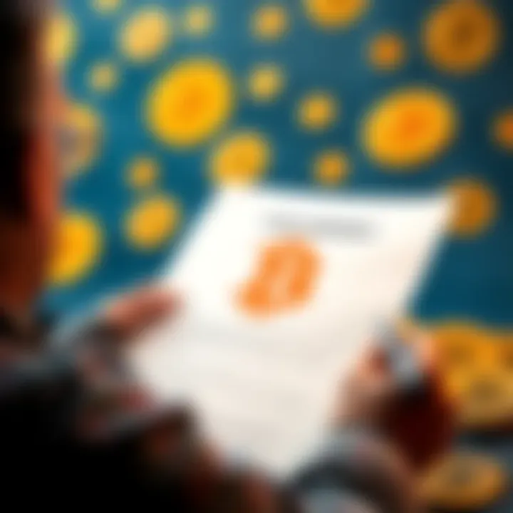A person reviewing a loan agreement with Bitcoin symbols in the background
