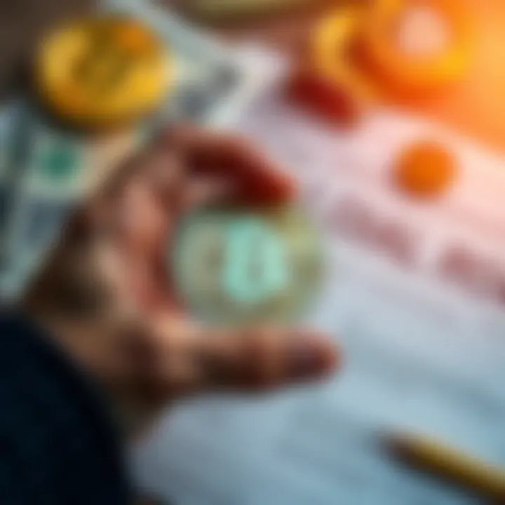 A person holding a Bitcoin coin with loan documents and currency in the background