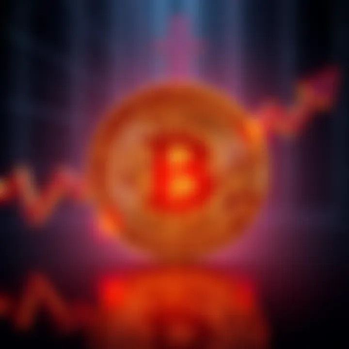 A Bitcoin logo surrounded by downward trending arrows, symbolizing the drop in value.