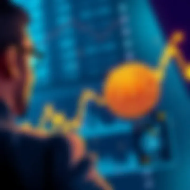 Bitcoin Loss Impact Illustration of a man looking at a Bitcoin chart showing a downward trend, symbolizing a financial loss.