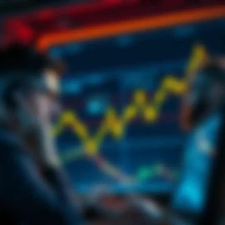 A graph showing a downward trend in Bitcoin prices with worried investors looking at screens