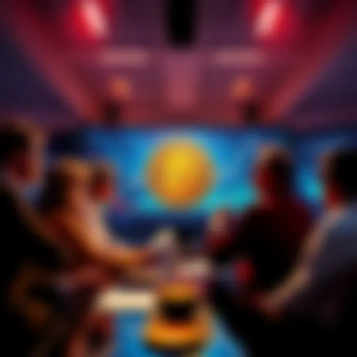Bitcoin market debate A group of experts discussing Bitcoin's future with charts and graphs on a screen.