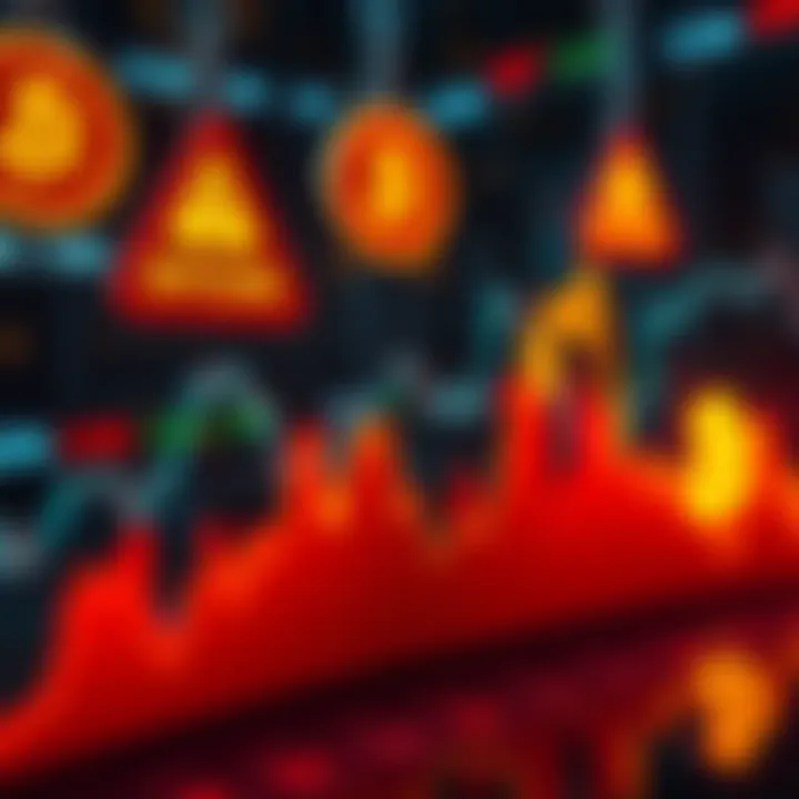 A graph showing a downward trend in Bitcoin prices with warning signs in the background.