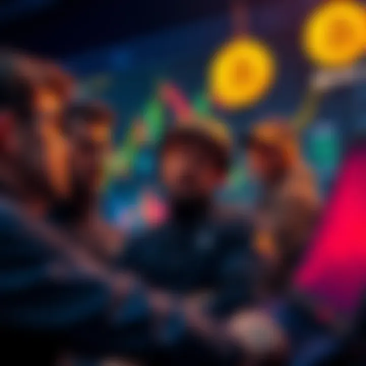 A group of Bitcoin enthusiasts discussing price predictions and market trends, expressing concern over failed forecasts, with charts and graphs in the background.