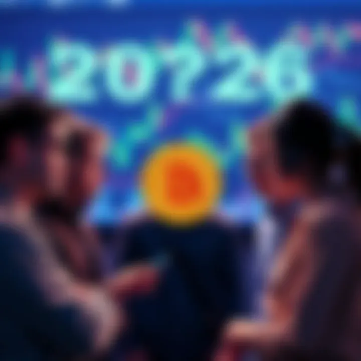 A group of people discussing Bitcoin price forecasts for 2026 with charts and graphs in the background.