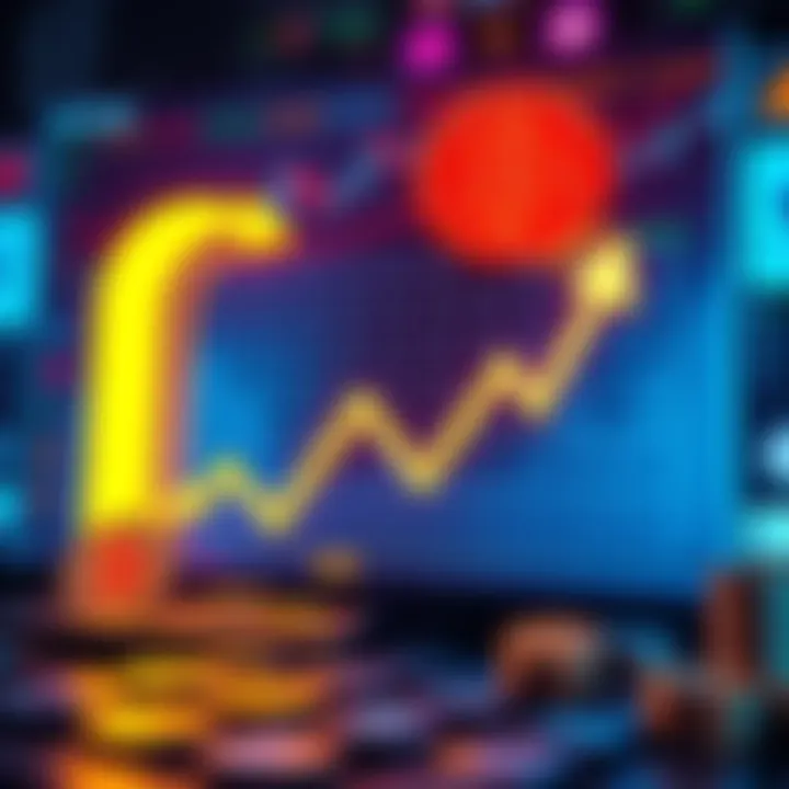 A chart showing Bitcoin price fluctuations with arrows indicating rise and fall predictions, surrounded by cryptocurrency icons.