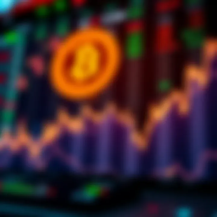 A graph showing the rise and fall of Bitcoin prices with market indicators in the background.