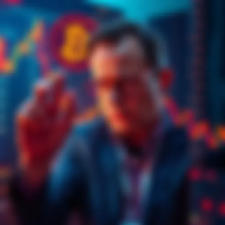 A concerned investor looking at falling bitcoin charts, symbolizing potential losses and the risk of a market bubble burst.