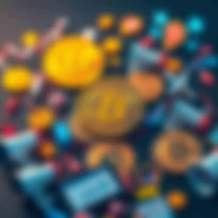 A graphic showing Bitcoin symbols surrounded by marketing icons like megaphones and charts, symbolizing the relationship between cryptocurrency and marketing efforts.