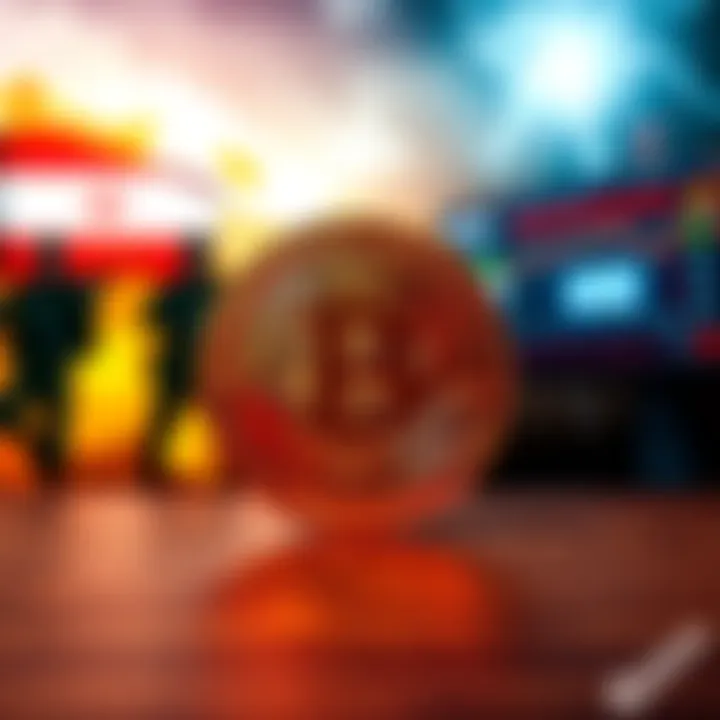 Bitcoin symbol in front of a backdrop depicting military actions in Iran and stock market screens showing fluctuations.