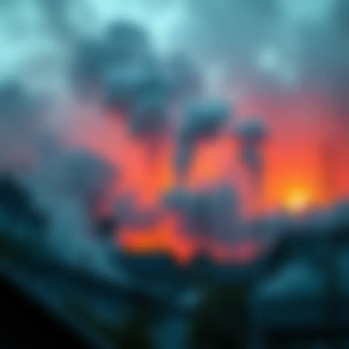 A neighborhood surrounded by Bitcoin mining equipment with visible smoke and loud machinery, depicting the challenges of living nearby.