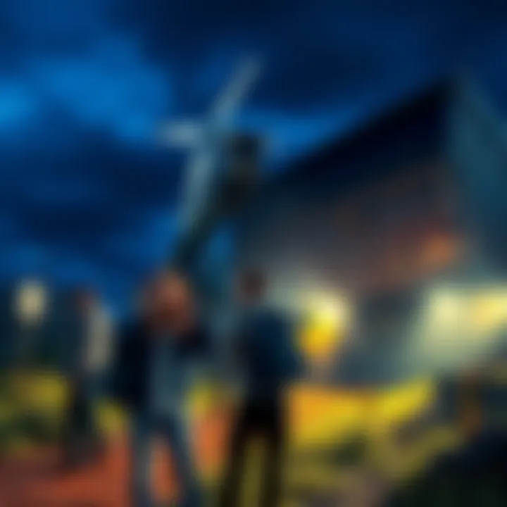 Noise from Bitcoin mine disrupts community A view of a Bitcoin mine with loud machinery affecting nearby homes, showing people covering their ears and looking concerned.