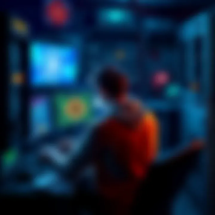 A person sitting at a computer surrounded by mining equipment, showcasing the early days of cryptocurrency mining, with a Bitcoin symbol on the screen.