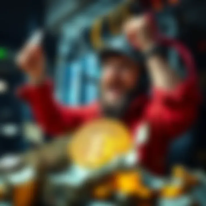 A solo miner celebrating with a Bitcoin symbol and dollar bills around.