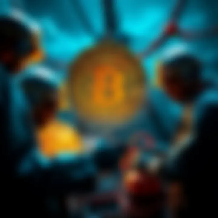 A group of miners collaborating on Bitcoin mining using Stratum V2 in an off-grid setting, demonstrating a decentralized approach to combat censorship.