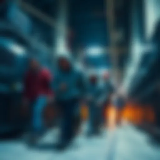 Bitcoin miners fleeing A group of Bitcoin miners hurriedly leaving an electricity facility, looking anxious and alert.