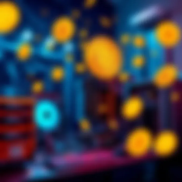 A visual representation of Bitcoin mining, showing a computer setup with mining equipment and digital Bitcoin symbols floating around.