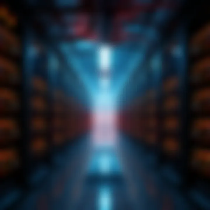 A view of a Bitcoin mining farm with rows of servers working at night, glowing lights, and cooling systems in place.