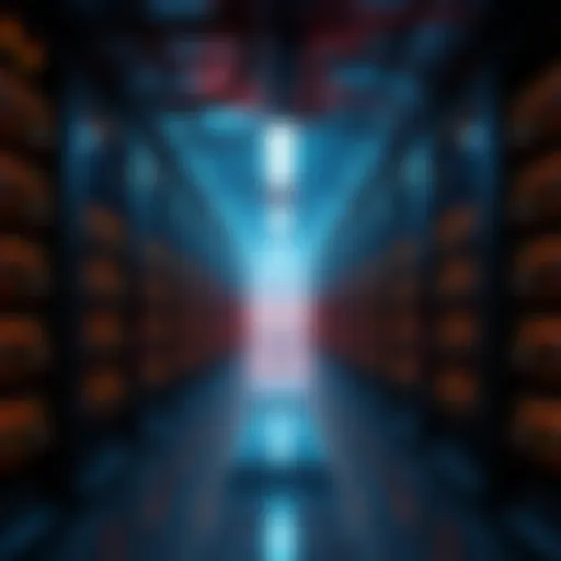 Inside a Bitcoin Mining Farm A view of a Bitcoin mining farm with rows of servers working at night, glowing lights, and cooling systems in place.