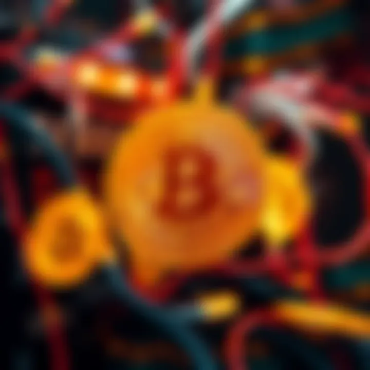 A visual representation of Bitcoin mining, showing a mining rig and digital currency symbols.