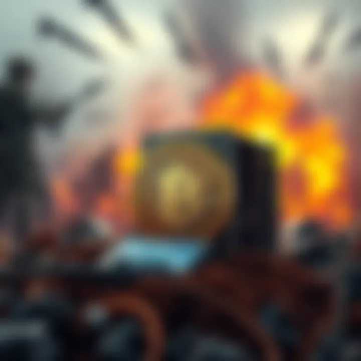 Bitcoin Mining Under Threat A Bitcoin mining rig surrounded by a backdrop of military conflict and geopolitical tension, illustrating the impact of war on cryptocurrency activities.