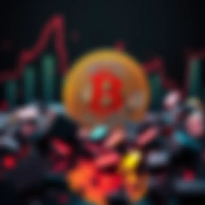 A visual representation of a declining Bitcoin alongside broken digital art pieces, symbolizing the struggles in the NFT market.