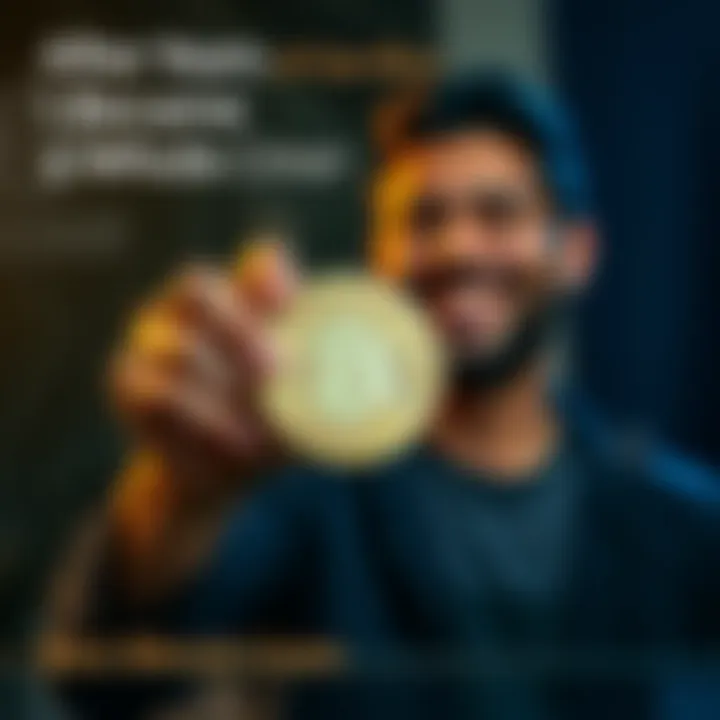 Person holding a physical Bitcoin with a big smile, celebrating their achievement of full ownership after years of saving and sacrifices